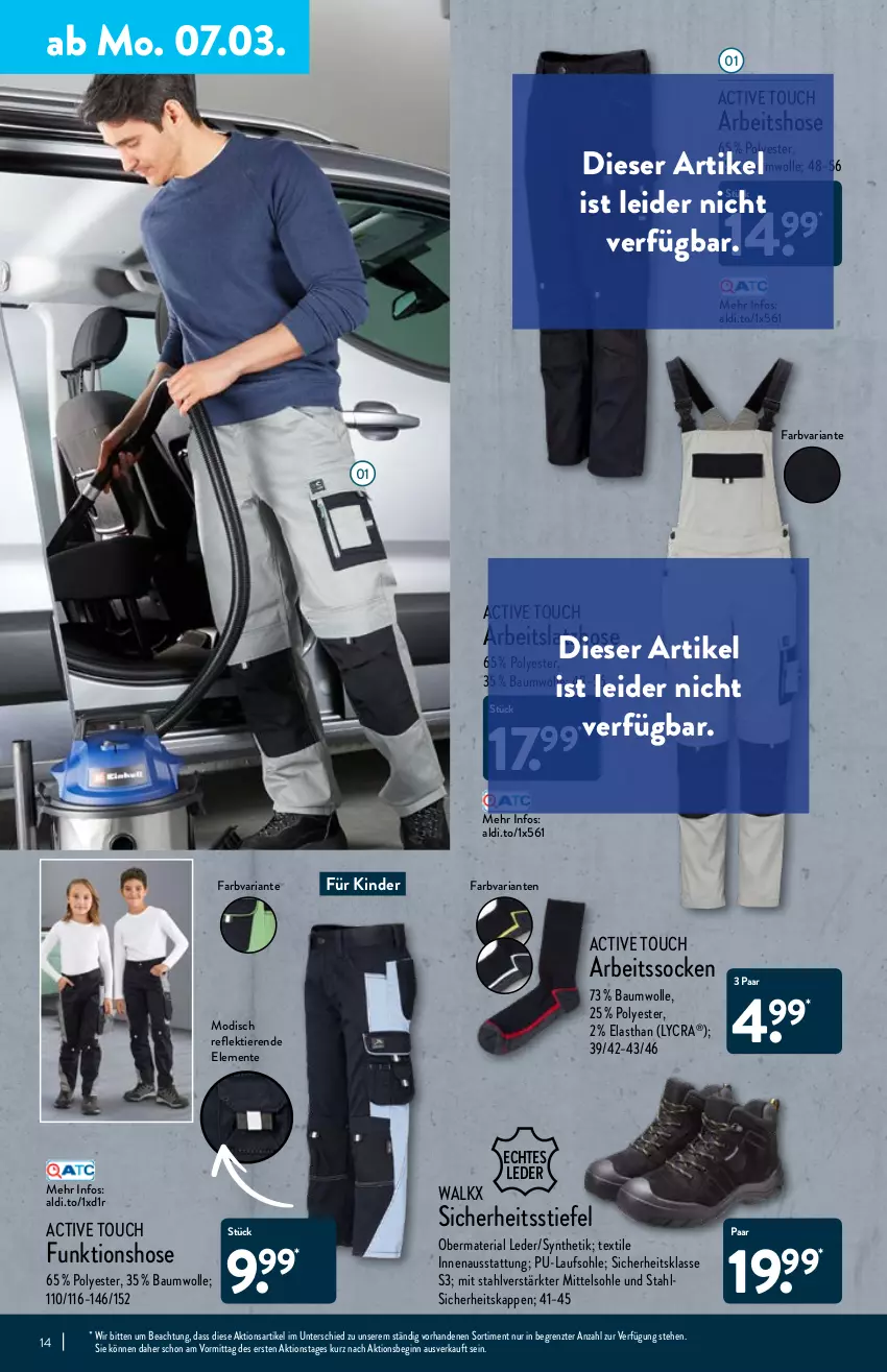 Aktueller Prospekt Aldi Nord - Aldi-Vorschau - von 07.03 bis 12.03.2022 - strona 14 - produkty: active touch, aldi, Arbeitssocken, Bau, baumwolle, ente, gin, hose, Kinder, Latzhose, Ria, socken, Ti, Tiere, walkx, wolle, ZTE