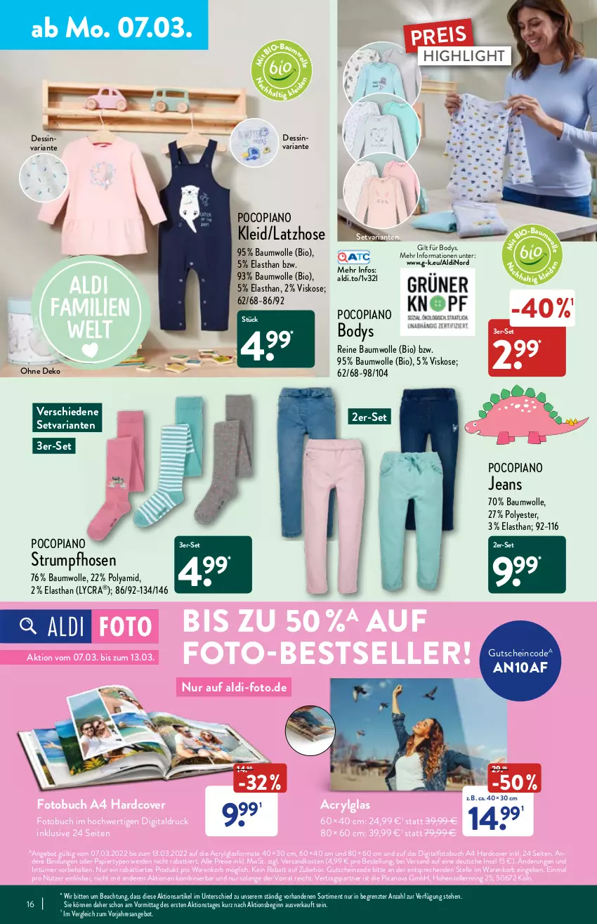 Aktueller Prospekt Aldi Nord - Aldi-Vorschau - von 07.03 bis 12.03.2022 - strona 16 - produkty: aldi, angebot, Bau, baumwolle, bio, body, buch, eis, elle, erde, Fotobuch, gin, gutschein, hose, hosen, jeans, kleid, korb, Latzhose, LG, ndk, papier, pocopiano, reine baumwolle, reis, resa, Ria, ring, rum, Strumpfhose, Ti, wolle, ZTE