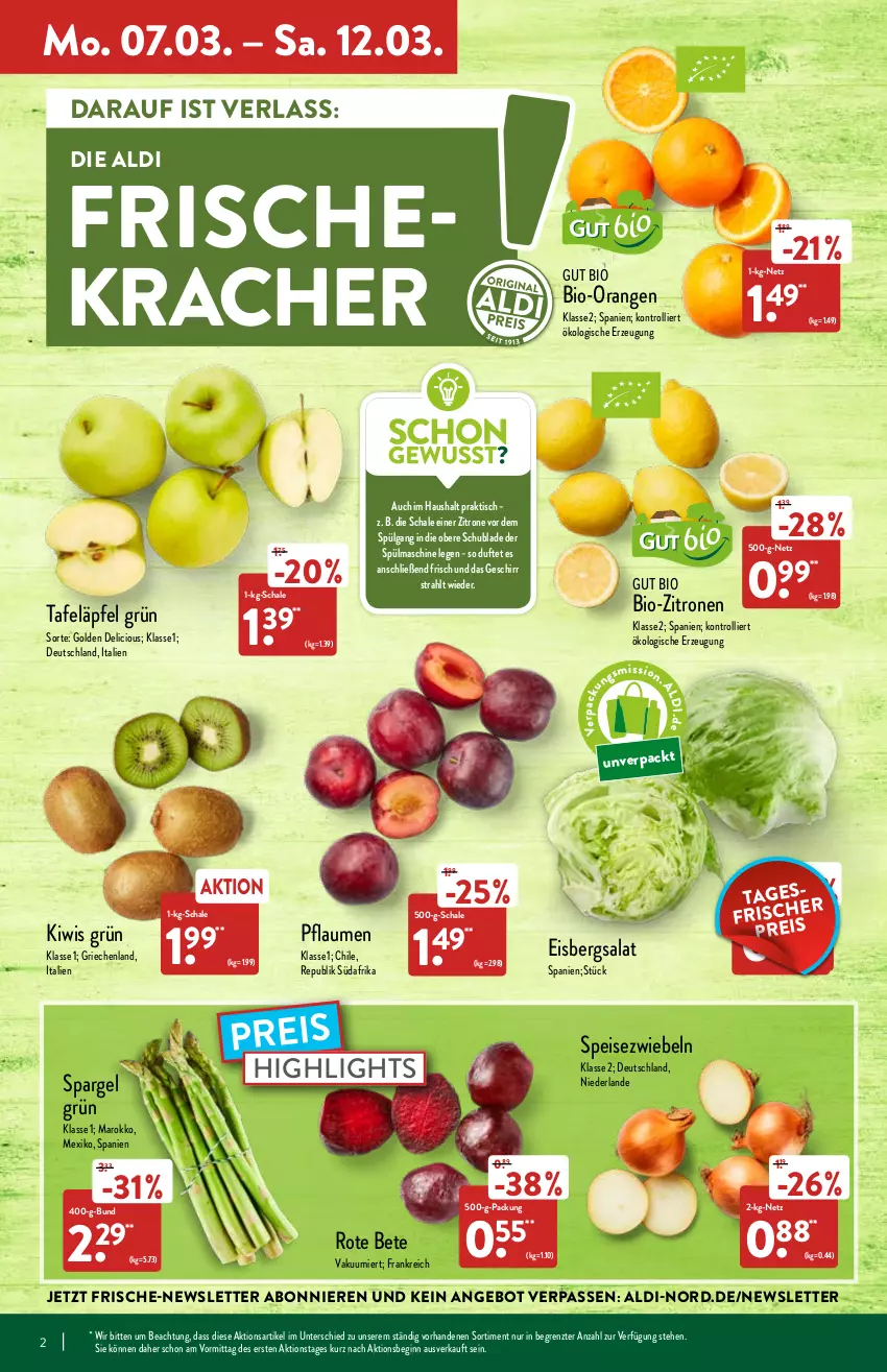 Aktueller Prospekt Aldi Nord - Aldi-Vorschau - von 07.03 bis 12.03.2022 - strona 2 - produkty: aldi, angebot, bio, bio-zitronen, eis, eisbergsalat, geschirr, gin, kiwi, kracher, LG, orange, orangen, pflaume, pflaumen, reis, rote bete, salat, Schal, Schale, spargel, spargel grün, Speisezwiebeln, tafeläpfel, Ti, tisch, trolli, zitrone, zitronen, ZTE, zwiebel, zwiebeln