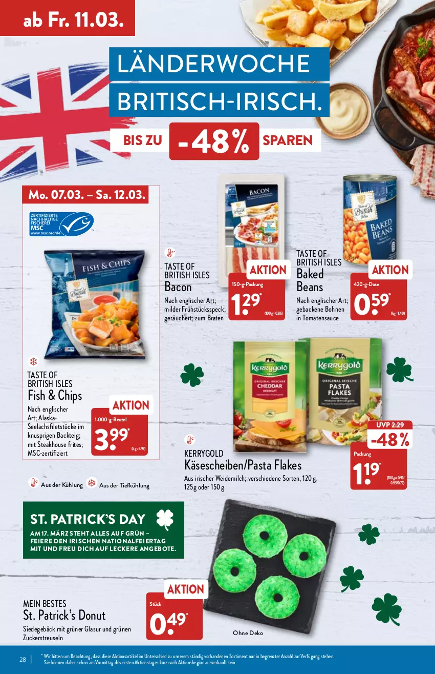 Aktueller Prospekt Aldi Nord - Aldi-Vorschau - von 07.03 bis 12.03.2022 - strona 28 - produkty: angebot, angebote, aus der tiefkühlung, bacon, beutel, bohne, bohnen, braten, chips, Donut, eier, filet, filets, flakes, Frühstücksspeck, geback, gin, Käse, käsescheiben, kerrygold, lachs, lachsfilet, lachsfilets, milch, pasta, sauce, seelachsfilet, Speck, steak, Ti, tisch, tomate, tomaten, tomatensauce, weidemilch, ZTE, zucker