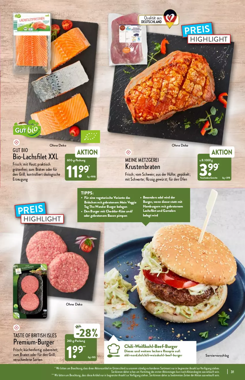 Aktueller Prospekt Aldi Nord - Aldi-Vorschau - von 07.03 bis 12.03.2022 - strona 31 - produkty: aldi, bacon, beef, bio, braten, brötchen, burger, cheddar, chili, eis, filet, garnelen, geback, gewürz, gin, grill, hamburger, Käse, krustenbraten, küche, Küchen, lachs, lachsfilet, Ofen, reis, rezept, rezepte, Ria, schwein, Ti, tisch, trolli, Vegeta, veggie, wein, Weißkohl, ZTE