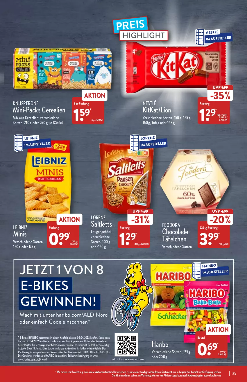 Aktueller Prospekt Aldi Nord - Aldi-Vorschau - von 07.03 bis 12.03.2022 - strona 33 - produkty: aldi, beutel, cerealien, cola, E-Bike, E-Bikes, eis, elle, erde, gewinnspiel, gin, haribo, kitkat, leibniz, lion, lorenz, mac, nestlé, reis, saltletts, teller, Ti, ZTE