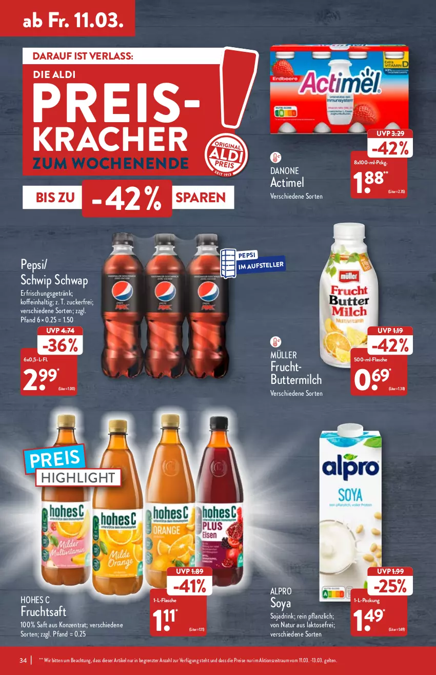 Aktueller Prospekt Aldi Nord - Aldi-Vorschau - von 07.03 bis 12.03.2022 - strona 34 - produkty: actimel, aldi, alpro, butter, buttermilch, danone, drink, eis, elle, erfrischungsgetränk, flasche, frucht, fruchtsaft, getränk, Hohes C, kracher, milch, Müller, natur, pepsi, reis, saft, Schwip Schwap, soja, Sojadrink, soya, teller, Ti, ZTE, zucker