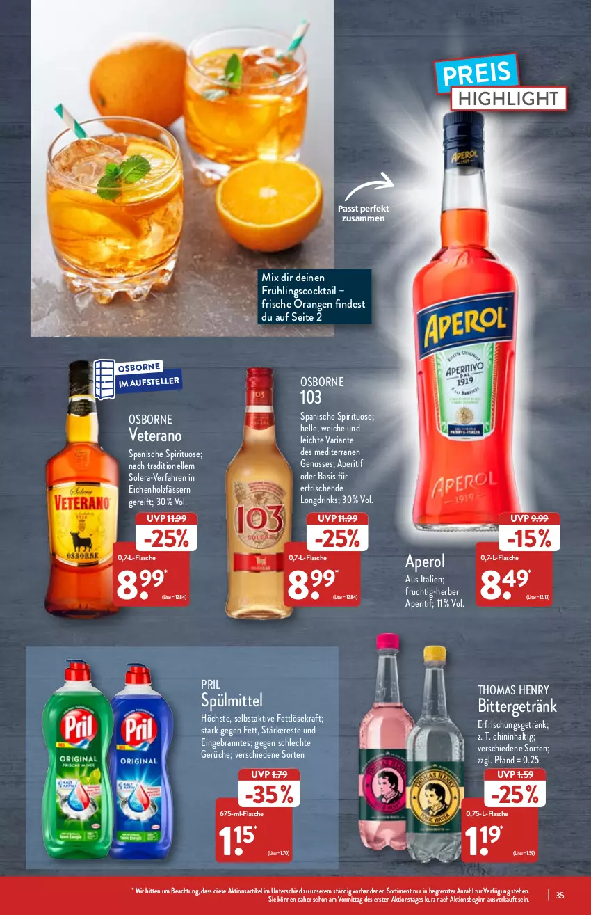 Aktueller Prospekt Aldi Nord - Aldi-Vorschau - von 07.03 bis 12.03.2022 - strona 35 - produkty: aperitif, aperol, cocktail, drink, drinks, eis, elle, erfrischungsgetränk, flasche, frucht, getränk, gin, Holz, kraft, nuss, orange, orangen, osborne, pril, reis, Ria, spülmittel, teller, thomas henry, Ti, veterano, ZTE