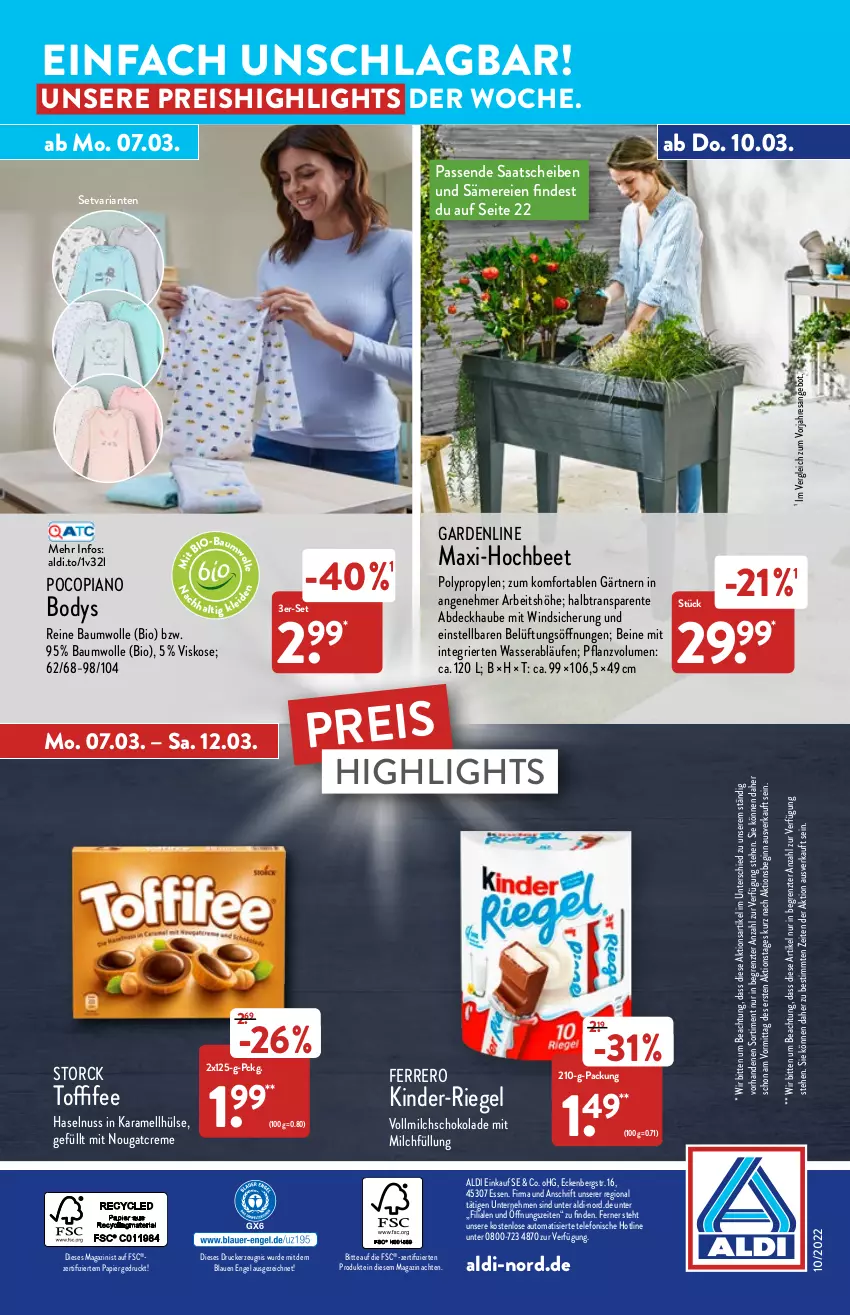 Aktueller Prospekt Aldi Nord - Aldi-Vorschau - von 07.03 bis 12.03.2022 - strona 36 - produkty: abdeckhaube, aldi, angebot, auto, Bau, baumwolle, bio, body, creme, drucker, eis, Engel, ente, ferrero, gin, haselnuss, karamell, kerze, Kinder, magazin, milch, Nougatcreme, nuss, papier, pocopiano, reine baumwolle, reis, resa, Ria, riegel, schoko, schokolade, storck, telefon, Ti, toffifee, vollmilch, wasser, wolle, ZTE