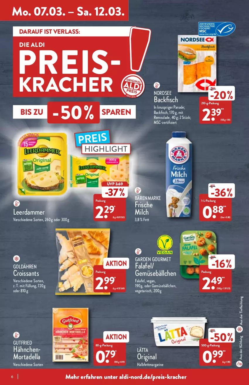 Aktueller Prospekt Aldi Nord - Aldi-Vorschau - von 07.03 bis 12.03.2022 - strona 6 - produkty: aldi, aus der tiefkühlung, backfisch, bärenmarke, Croissant, croissants, dell, eis, Falafel, fisch, frische milch, garden gourmet, gin, gutfried, halbfettmargarine, kracher, lätta, leerdammer, margarine, milch, mortadella, Nordsee, reis, remoulade, Ti, Vegeta