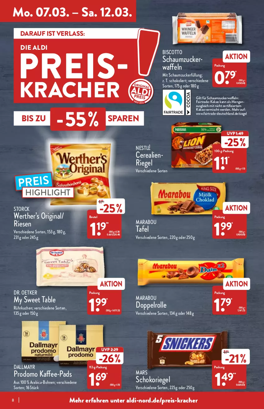 Aktueller Prospekt Aldi Nord - Aldi-Vorschau - von 07.03 bis 12.03.2022 - strona 8 - produkty: aldi, beutel, biscotto, bohne, bohnen, cerealien, dallmayr, Dr. Oetker, eis, erde, gin, kaffee, kaffee-pads, kakao, kracher, kuchen, Marabou, mars, my sweet table, nestlé, prodomo, reis, riegel, Schaumzucker, schoko, schokoriegel, storck, Ti, waffeln, zucker