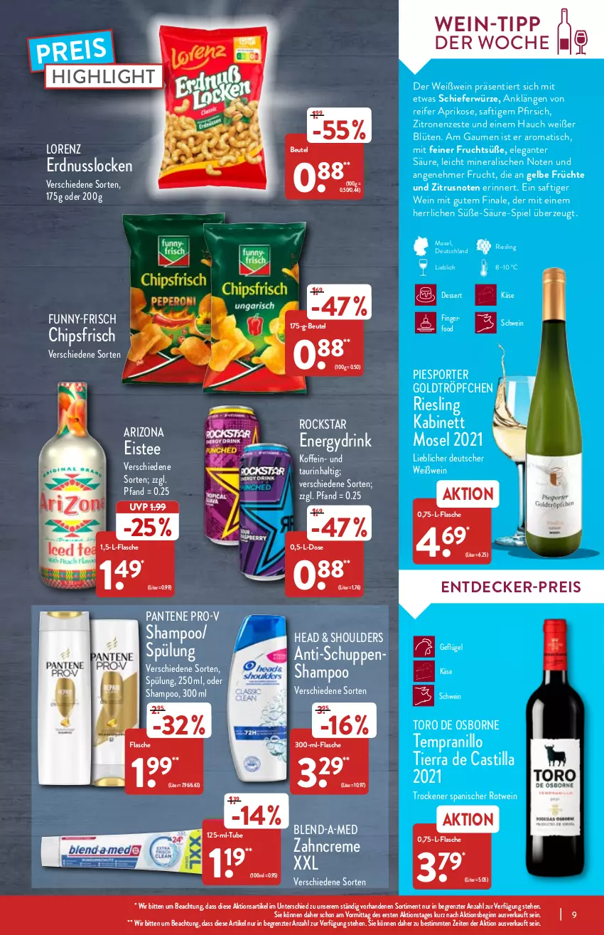 Aktueller Prospekt Aldi Nord - Aldi-Vorschau - von 07.03 bis 12.03.2022 - strona 9 - produkty: aprikose, asti, beutel, blend-a-med, Blüte, chips, chipsfrisch, creme, decke, dessert, drink, eis, eistee, erdnuss, flasche, frucht, früchte, funny-frisch, Geflügel, gin, kabinett, Käse, lorenz, nuss, osborne, pantene, pantene pro-v, pfirsich, pro-v, reis, riesling, Rockstar, rotwein, saft, schwein, shampoo, Sport, spülung, tee, tempranillo, Ti, tisch, wein, Weißwein, zahncreme, zitrone, zitronen, ZTE