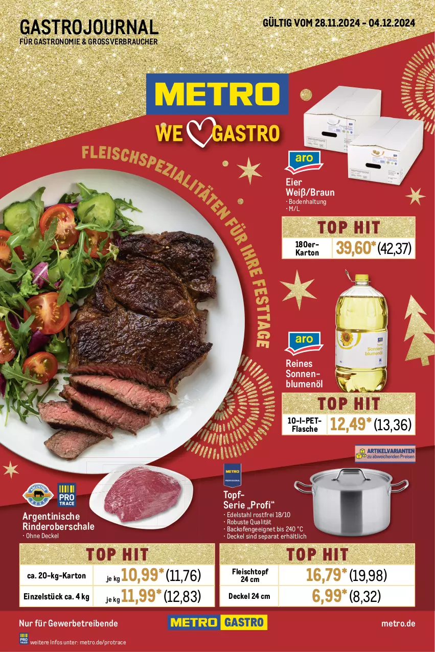 Aktueller Prospekt Metro - GastroJournal - von 22.11 bis 04.12.2024 - strona 1 - produkty: backofen, blume, blumen, blumenöl, braun, decke, Deckel, edelstahl, eier, eis, flasche, fleisch, Fleischtopf, Metro, Ofen, Rauch, rind, rinder, Schal, Schale, sonnenblume, sonnenblumen, sonnenblumenöl, Ti, topf