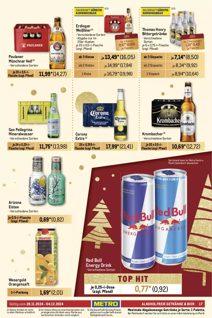 Aktueller Prospekt Metro - GastroJournal - von 22.11 bis 04.12.2024 - strona 17 - produkty: alkohol, alkoholfreie getränke, Alwa, auer, bier, bohne, caffè crema, corona, corona extra, coupon, drink, eis, eistee, elle, energy drink, erdinger, espresso, flasche, getränk, getränke, jacobs, kaffee, kakao, Kinder, krombache, krombacher, melitta, Metro, metro gastro, mineralwasser, mövenpick, orange, orangen, orangensaft, Palette, Paula, paulaner, red bull, reis, röstkaffee, saft, san pellegrino, sattel, süsswaren, tee, thomas henry, Ti, wasser, zucker