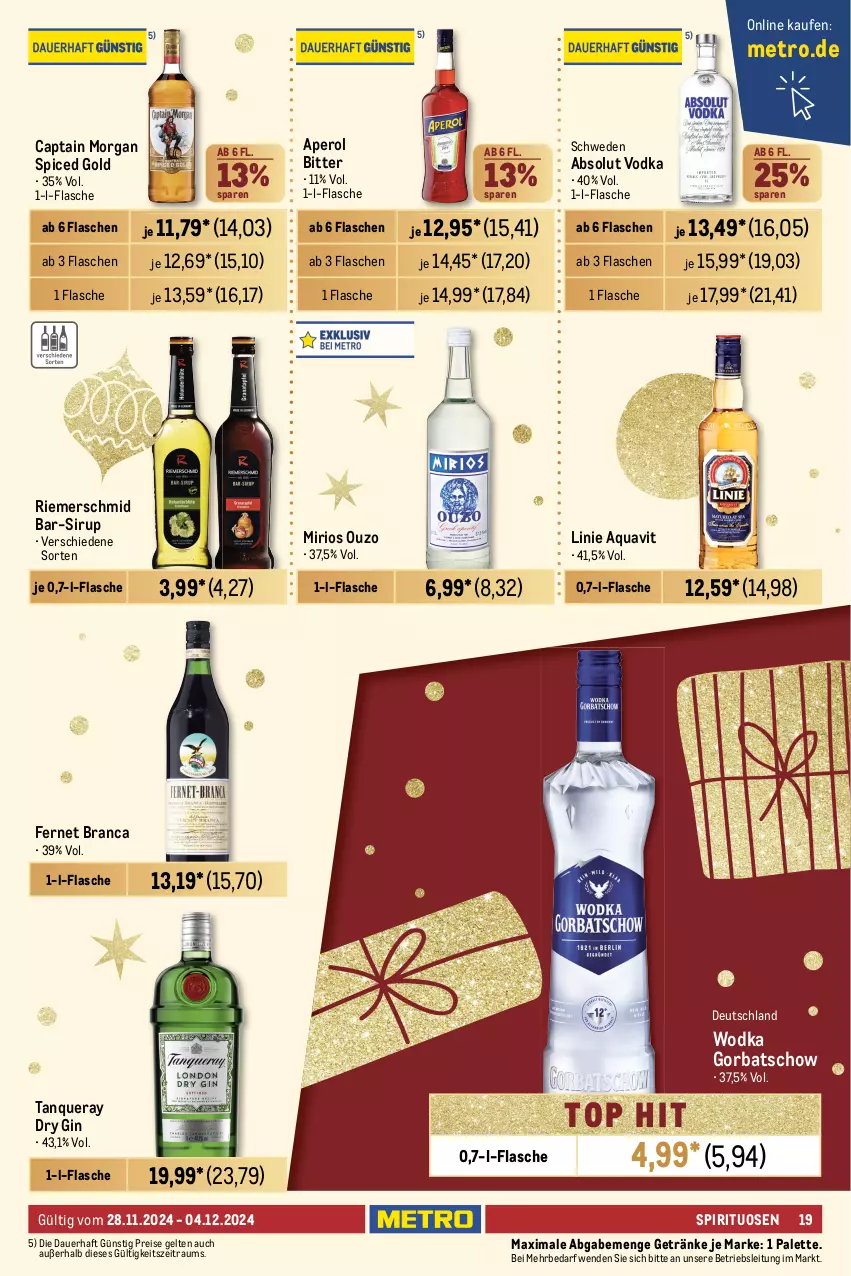 Aktueller Prospekt Metro - GastroJournal - von 22.11 bis 04.12.2024 - strona 19 - produkty: Absolut Vodka, aperol, aqua, aquavit, auer, Cap, captain morgan, dry gin, eis, elle, erde, Fernet, fernet branca, flasche, getränk, getränke, gin, Gorbatschow, Metro, ouzo, Palette, reis, sirup, Software, spirituosen, Tanqueray, Ti, tisch, vodka, wodka