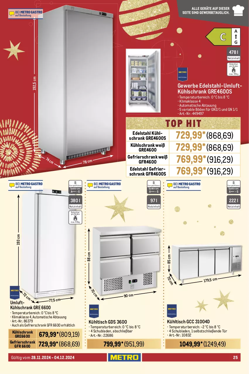 Aktueller Prospekt Metro - GastroJournal - von 22.11 bis 04.12.2024 - strona 25 - produkty: auto, beleuchtung, decke, Deckel, dell, edelstahl, gefrierschrank, Glastür, kuchen, kühlschrank, led-beleuchtung, Mode, Ria, rum, Schrank, schubladen, Spektrum, thermostat, Ti, tisch, ventilator, vitrine