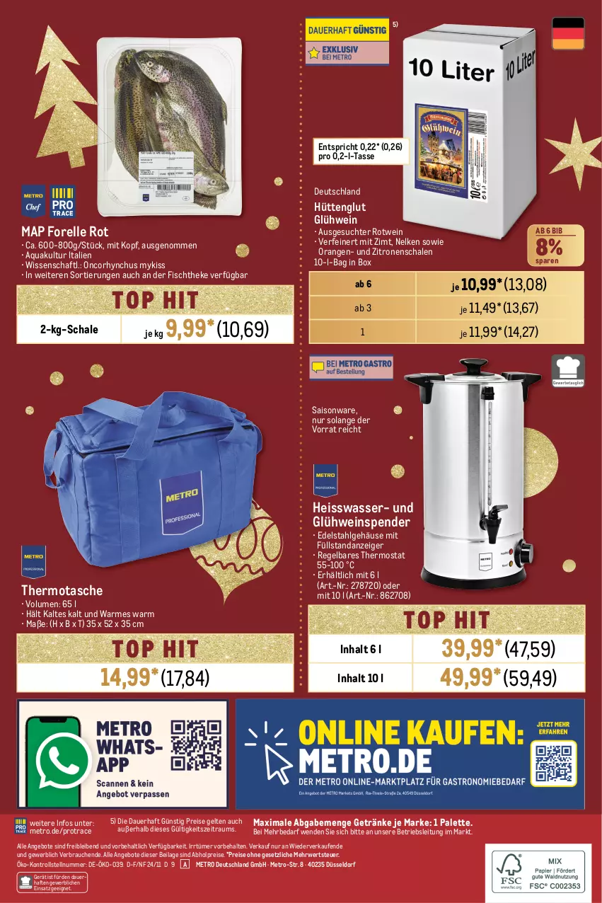 Aktueller Prospekt Metro - GastroJournal - von 22.11 bis 04.12.2024 - strona 32 - produkty: abholpreise, angebot, angebote, aqua, auer, edelstahl, eis, elle, fisch, fischtheke, forelle, getränk, getränke, Glühwein, ilag, LG, Metro, orange, orangen, Palette, Rauch, reis, rel, rotwein, rwe, Schal, Schale, Tasche, tasse, thermostat, Ti, wasser, wein, zitrone, zitronen