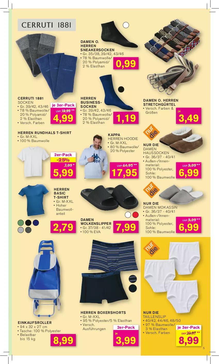 Aktueller Prospekt Kodi - Prospekte - von 08.04 bis 14.04.2024 - strona 5 - produkty: Bau, baumwolle, cerruti 1881, Haussocken, kappa, Ria, Roller, shirt, shorts, slip, Slipper, sneaker, sneakersocken, socken, T-Shirt, Taillenslip, Tasche, Ti, wolle