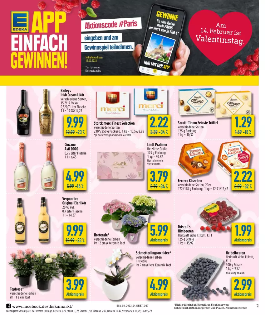 Aktueller Prospekt Diska - Prospekte - von 06.02 bis 11.02.2023 - strona 2 - produkty: aktionspreis, asti, baileys, beere, beeren, burger, cin, cinzano, eier, eierlikör, eis, ferrero, Ferrero Küsschen, fisch, flasche, gewinnspiel, gin, gutschein, heidelbeere, heidelbeeren, himbeer, himbeere, himbeeren, hortensie, irish cream, likör, lindt, merci, Mett, orchidee, pralinen, reis, saro, sarotti, Schal, Schale, Schmetterling, schmetterlingsorchidee, storck, Ti, topf, Trüffel, verpoorten, ZTE