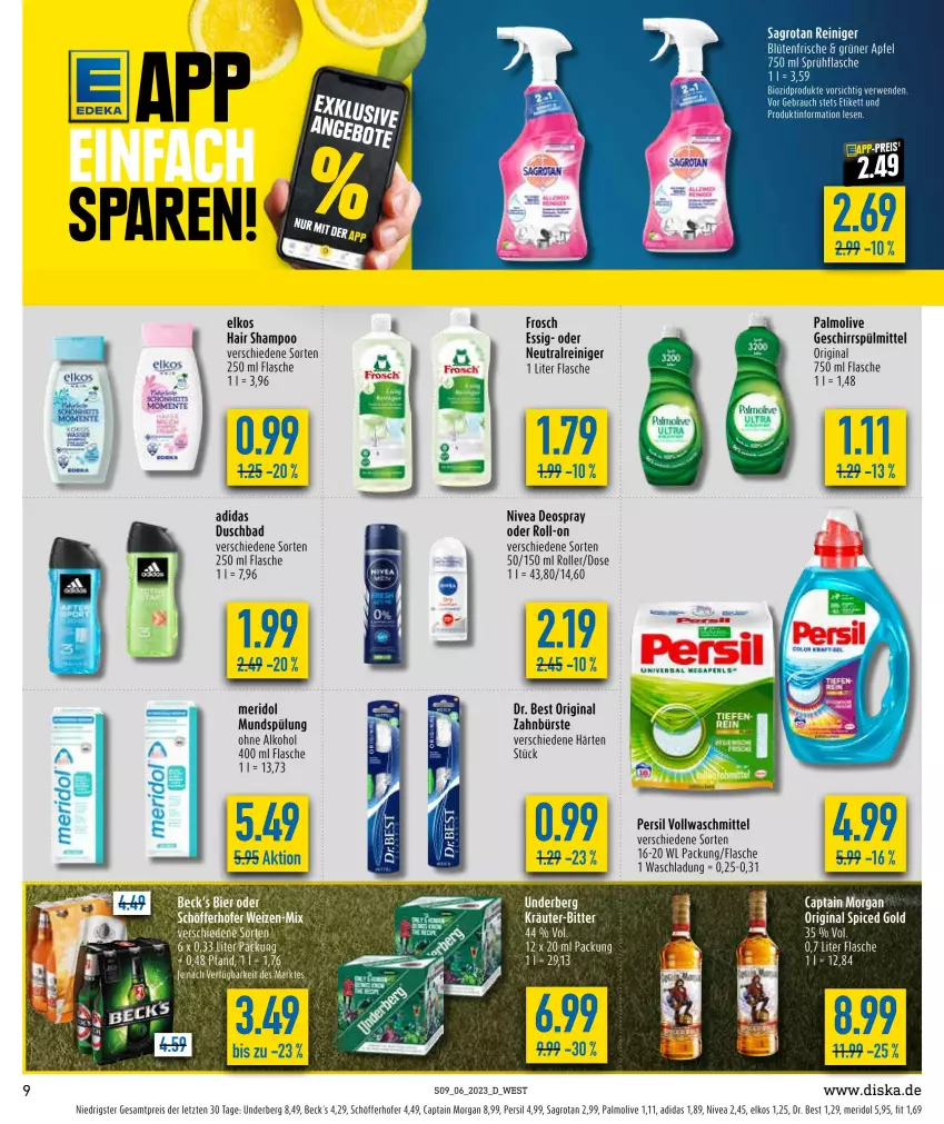 Aktueller Prospekt Diska - Prospekte - von 06.02 bis 11.02.2023 - strona 9 - produkty: Adidas, alkohol, apfel, Bad, bier, bio, biozidprodukte, Blüte, bürste, Cap, captain morgan, deo, deospray, Dr. Best, duschbad, eis, elkos, ente, essig, flasche, Frosch, geschirr, geschirrspülmittel, gin, meridol, mundspülung, nivea, ohne alkohol, olive, original spiced gold, palmolive, persil, Rauch, reiniger, reis, roll-on, Roller, rwe, sagrotan, schöfferhofer, shampoo, spülmittel, spülung, Ti, underberg, vollwaschmittel, waschmittel, zahnbürste, ZTE