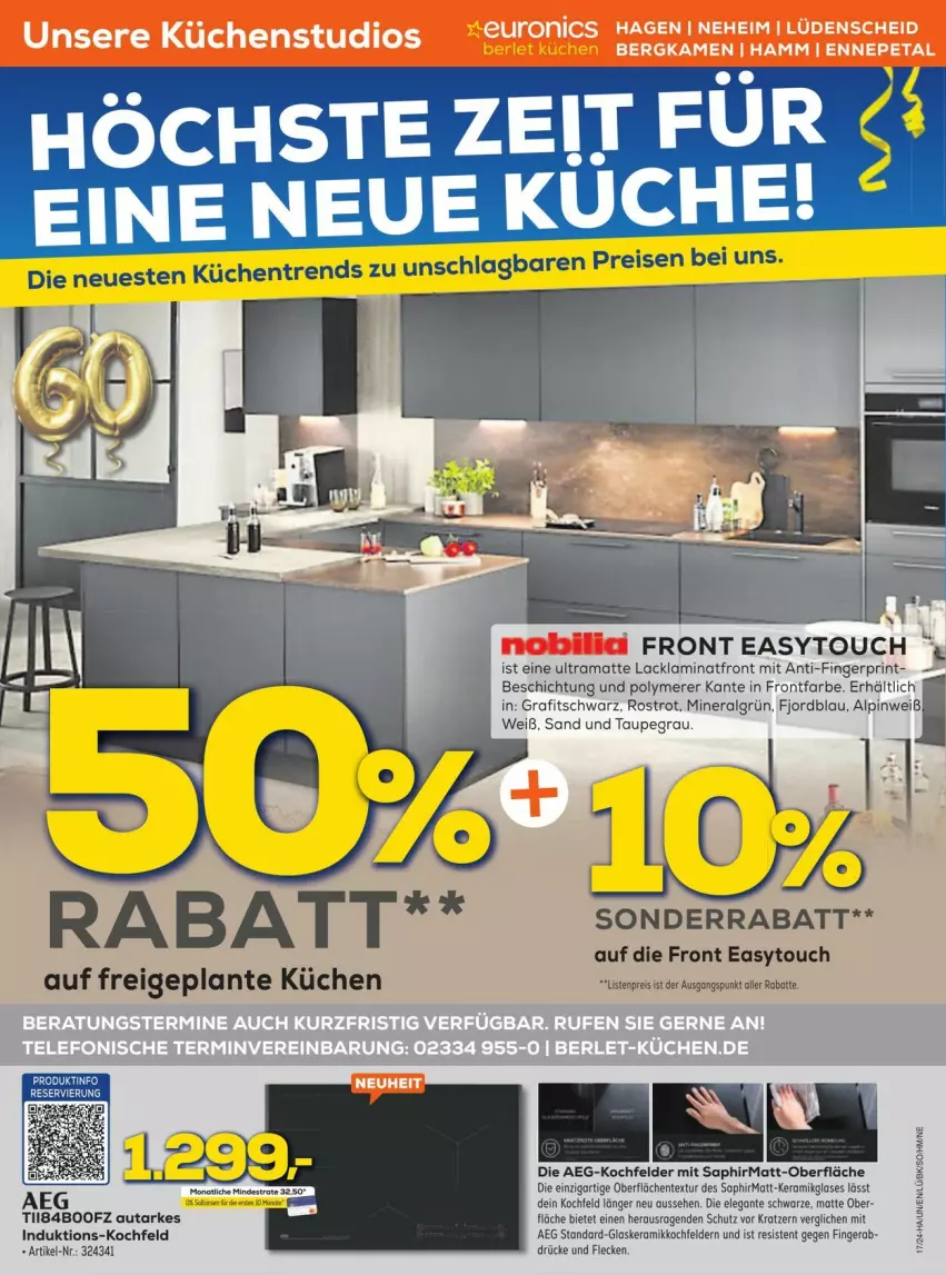 Aktueller Prospekt Euronics - Prospekte - von 23.04 bis 27.04.2024 - strona 8 - produkty: aeg, ente, glaskeramik, glaskeramikkochfeld, kochfeld, küche, Küchen, lack, Lacklaminat, laminat, LG, rama, Ti