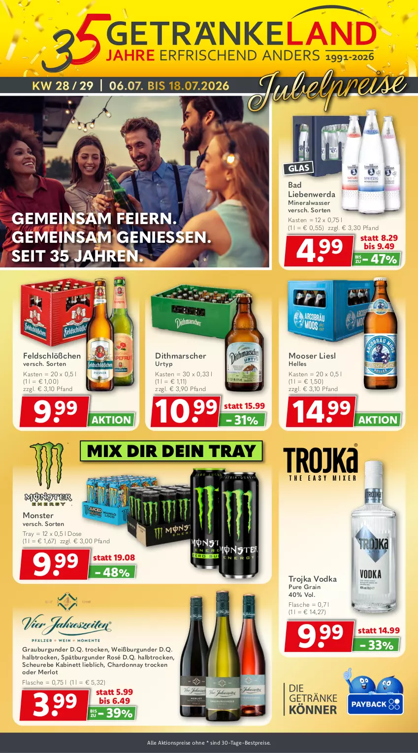 Aktueller Prospekt Getraenkeland - von 06.07 bis 18.07.2026 - strona 1 - produkty: aktionspreis, Alwa, Bad, Bad Liebenwerda, bestpreis, bestpreise, burgunder, chardonnay, eier, eis, elle, flasche, grauburgunder, Heu, jubelpreis, kabinett, mars, merl, merlot, mineralwasser, monster, reis, spätburgunder, Ti, urtyp, vodka, wasser, Weißburgunder
