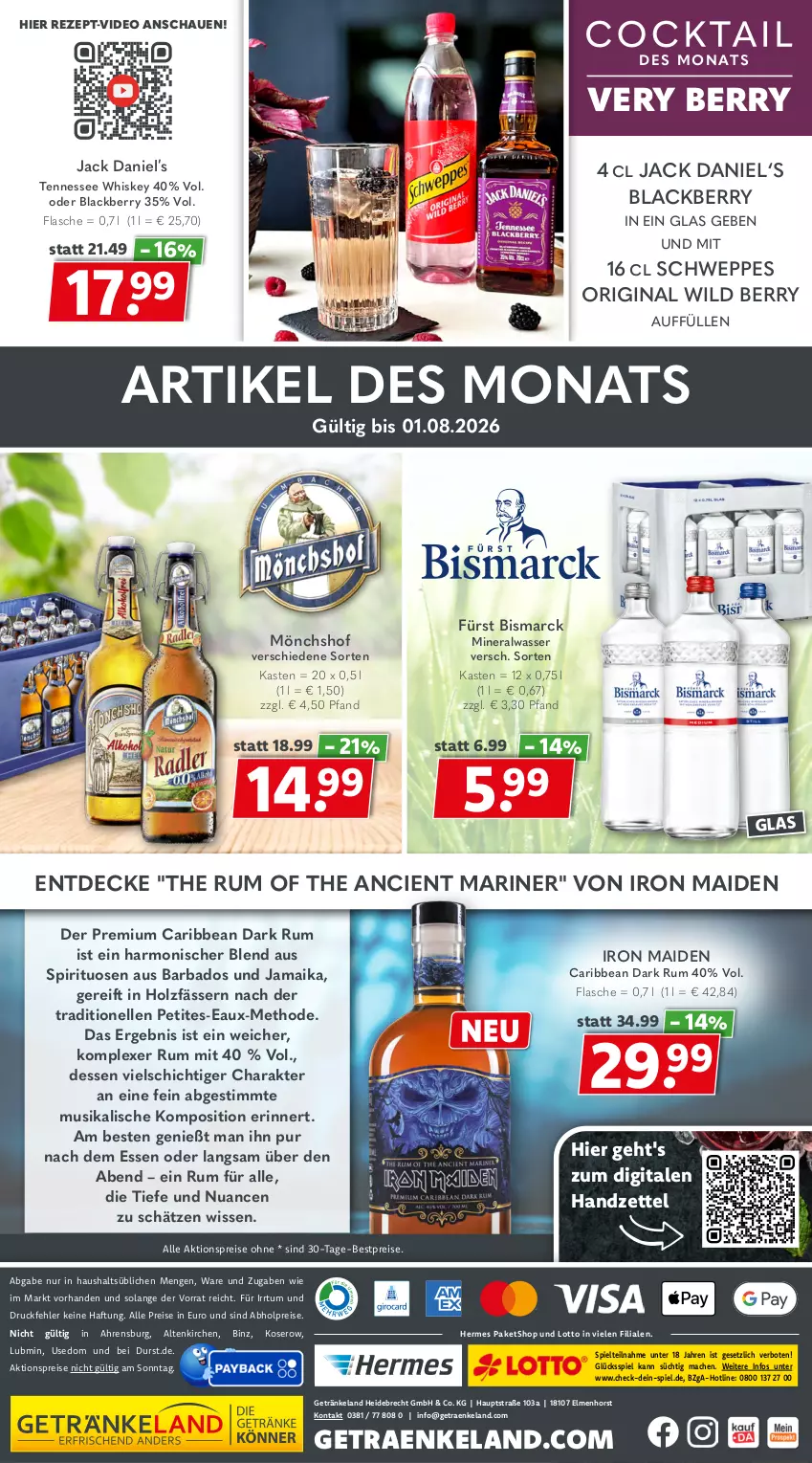 Aktueller Prospekt Getraenkeland - von 06.07 bis 18.07.2026 - strona 10 - produkty: abholpreise, aktionspreis, Alwa, Bad, bestpreis, bestpreise, bismarck, Cien, decke, deo, eis, Elan, elle, flasche, getränk, getränke, gin, Holz, jack daniel, lack, mac, mineralwasser, mönchshof, Nuance, reis, rezept, rum, schweppes, spirituosen, tennessee whiskey, Ti, wasser, whiskey, Wild, wild berry