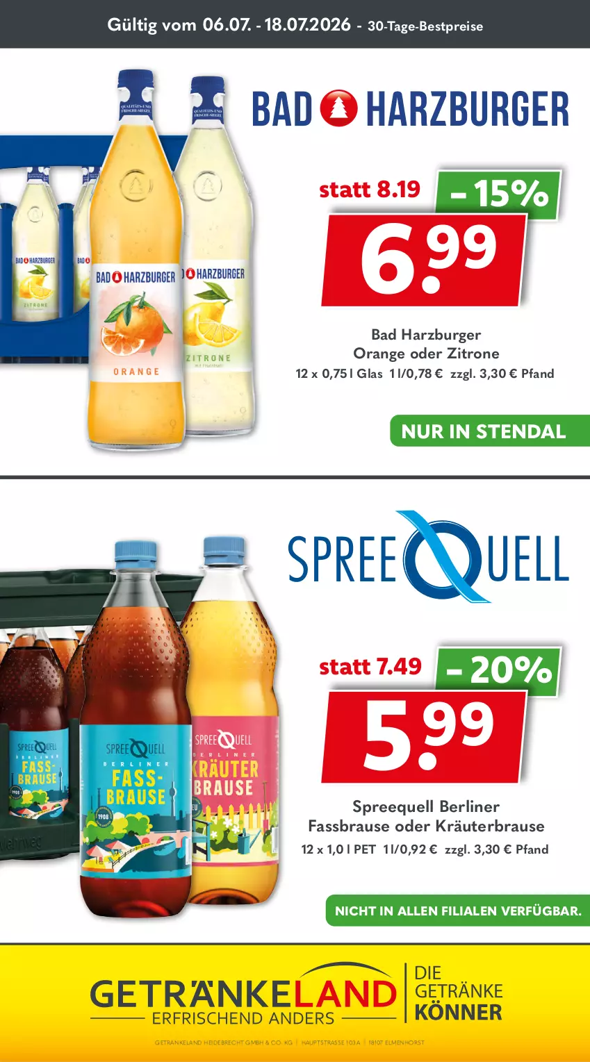 Aktueller Prospekt Getraenkeland - von 06.07 bis 18.07.2026 - strona 12 - produkty: Bad, berliner, bestpreis, bestpreise, brause, burger, eis, Elan, fassbrause, getränk, getränke, kräuter, oder kräuter, orange, reis, Spreequell, Ti, zitrone