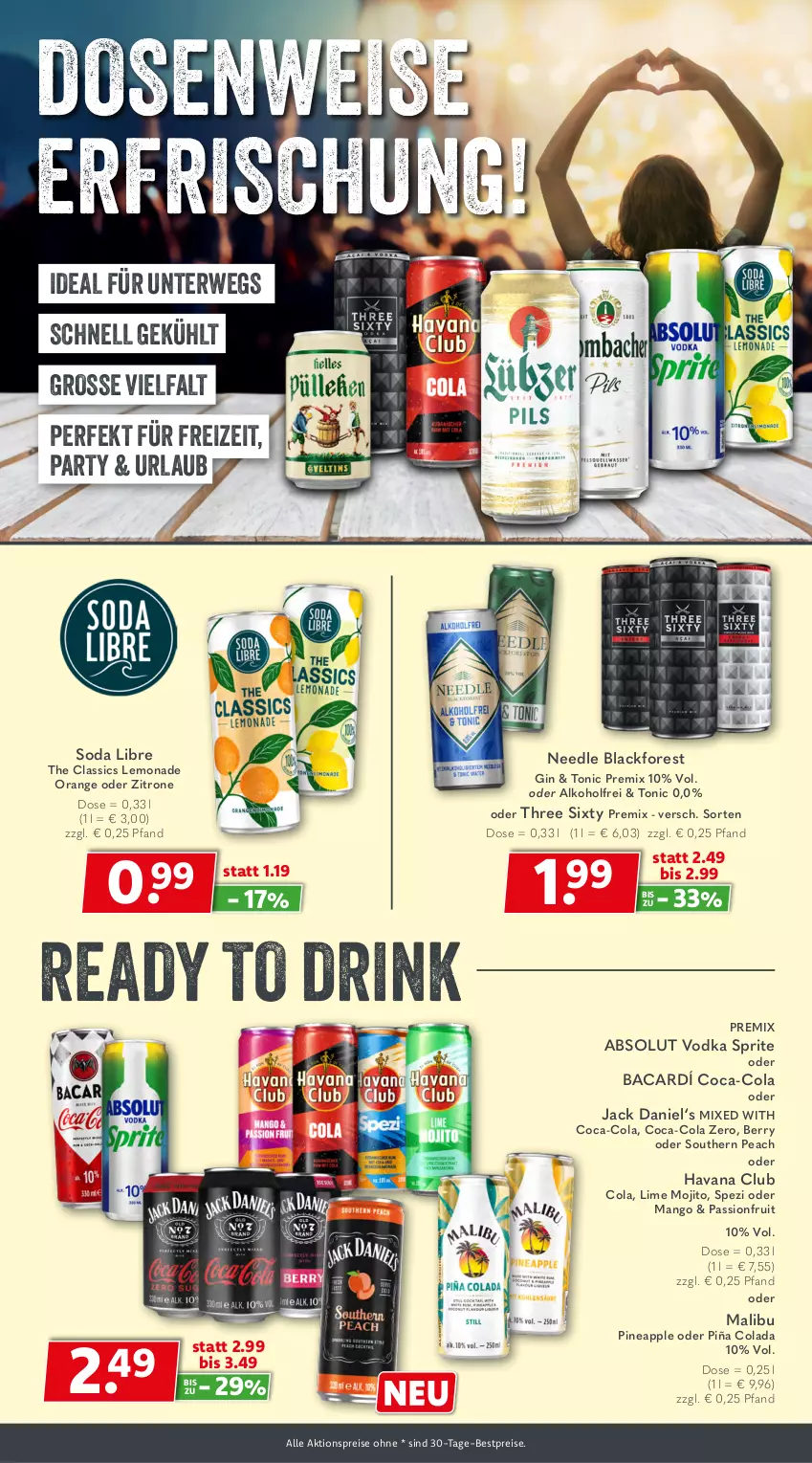 Aktueller Prospekt Getraenkeland - von 06.07 bis 18.07.2026 - strona 4 - produkty: Absolut Vodka, aktionspreis, alkohol, Apple, bestpreis, bestpreise, coca-cola, cola, drink, eis, gin, Havana Club, jack daniel, lack, lemonade, Malibu, mango, mojito, orange, reis, rwe, Soda, Spezi, sprite, Three Sixty, Ti, tonic, vodka, zitrone