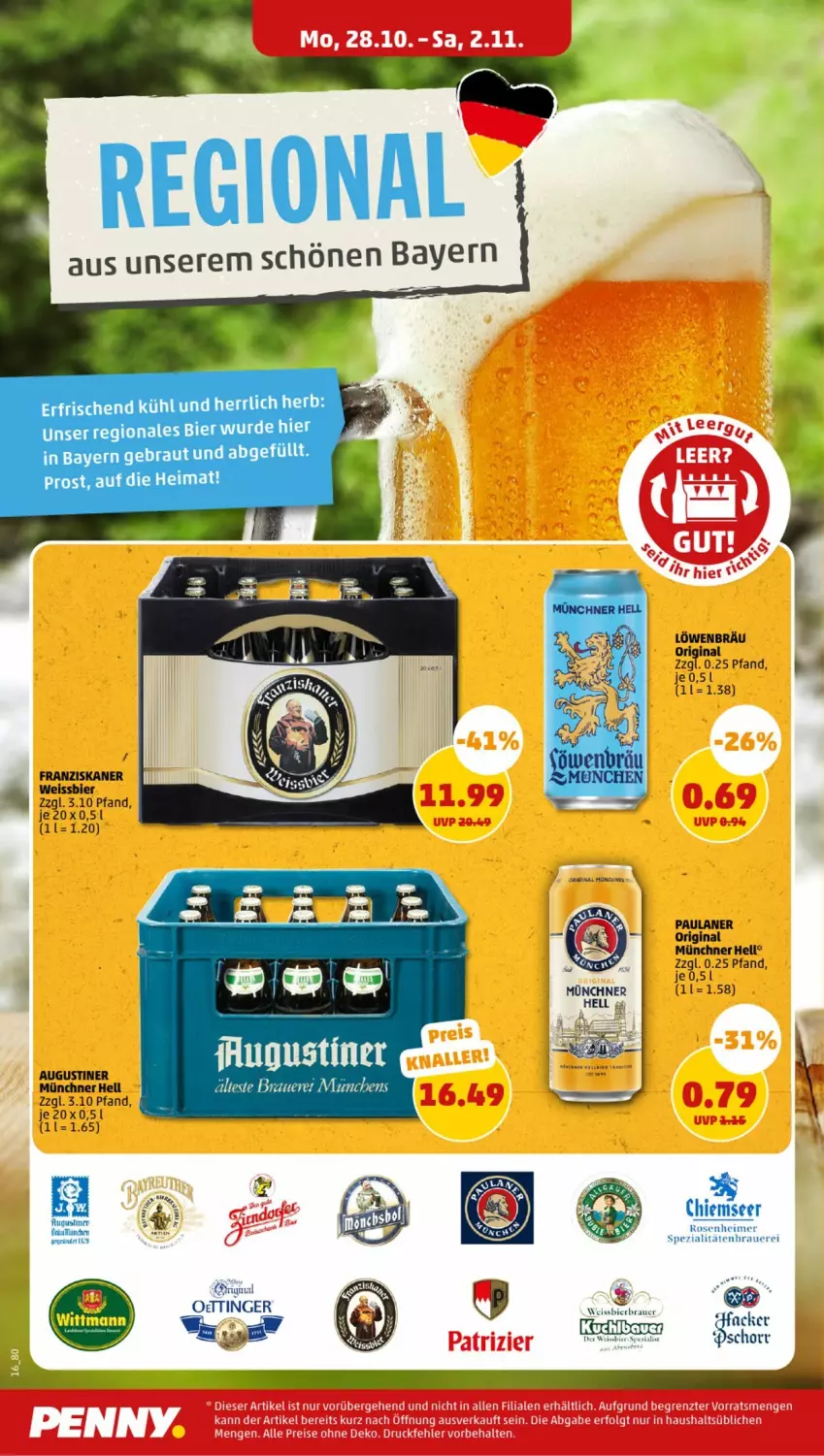 Aktueller Prospekt Penny - Prospekte - von 28.10 bis 02.11.2024 - strona 16 - produkty: acer, auer, bier, eimer, eis, franziskaner, gin, oettinger, Paula, paulaner, Ria, rosen, Spezi, Ti, weissbier