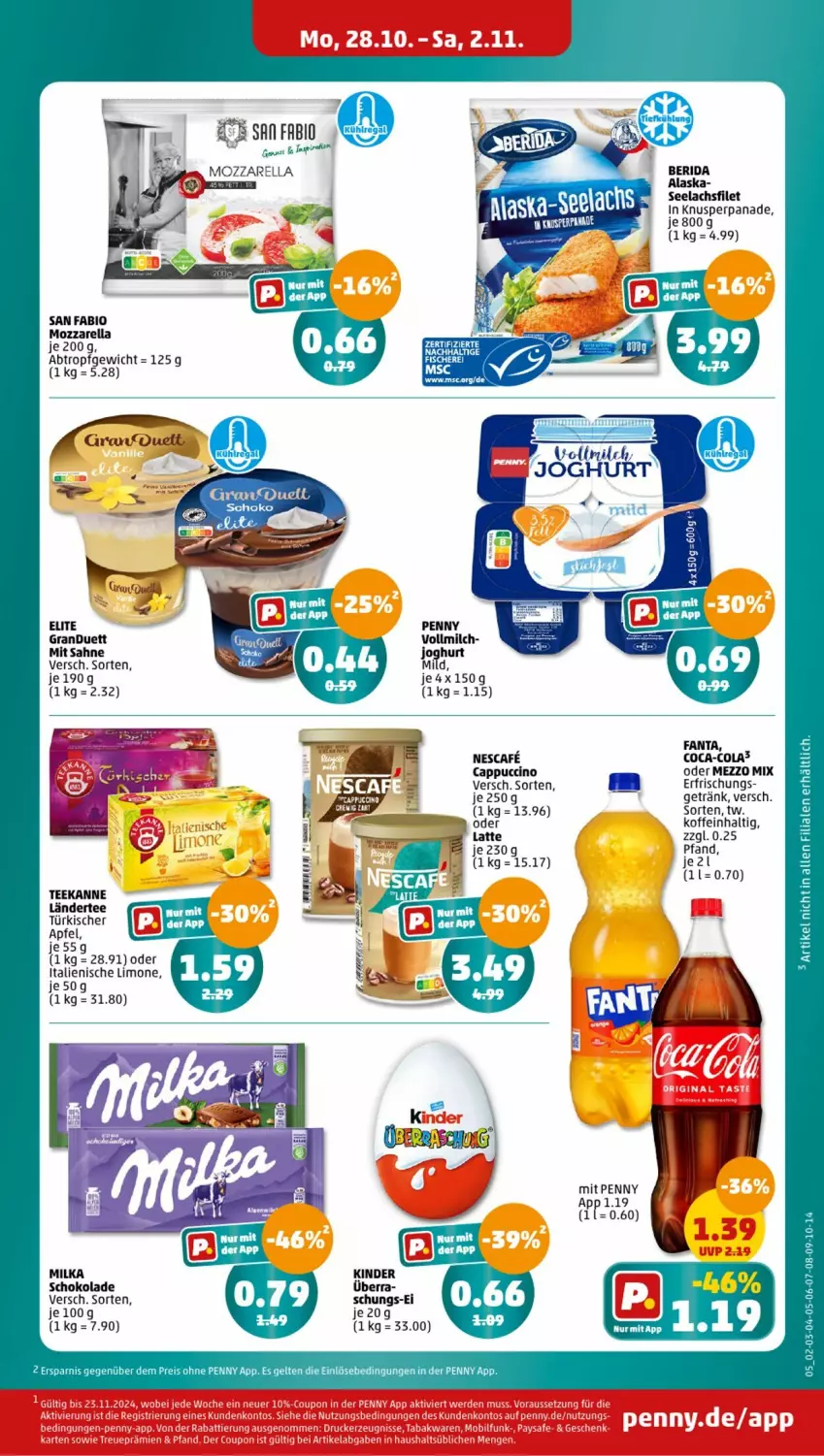 Aktueller Prospekt Penny - Prospekte - von 28.10 bis 02.11.2024 - strona 5 - produkty: apfel, bio, Cap, cappuccino, cin, coca-cola, cola, duplo, eis, fanta, filet, getränk, joghur, joghurt, joghurt mild, Kinder, lachs, lachsfilet, Ländertee, latte, limo, Mezzo Mix, milch, milka, milka schokolade, mozzarella, nescafe, reis, rel, sahne, schoko, schokolade, seelachsfilet, tee, teekanne, Ti, vollmilch