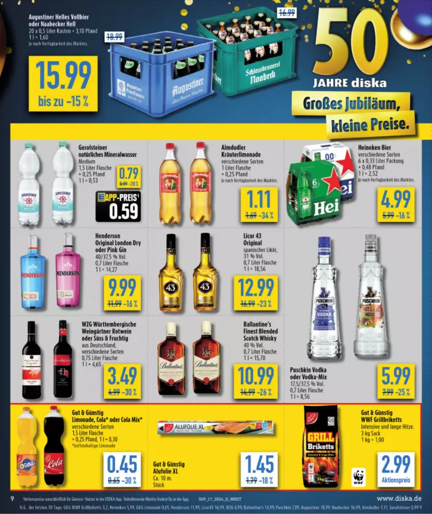 Aktueller Prospekt Diska - von 22.04 bis 27.04.2024 - strona 11 - produkty: abis, aktionspreis, almdudler, Alwa, ball, bier, blended scotch, blended scotch whisky, briketts, eis, elle, enders, flasche, frucht, gerolsteine, gerolsteiner, gin, grill, grillbriketts, kräuter, leine, licor, licor 43, likör, limo, limonade, london dry, mineralwasser, Mineralwasser Medium, natürliches mineralwasser, puschkin vodka, reis, rotwein, sac, scotch, scotch whisky, steiner, Ti, tuc, vodka, wasser, wein, whisky