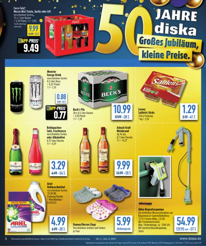 Aktueller Prospekt Diska - von 22.04 bis 27.04.2024 - strona 5 - produkty: akku, Akku-Regenfasspumpe, aktionspreis, alkohol, ariel, asbach uralt, Behälter, drink, ecco, eis, energy drink, fanta, flasche, frucht, fruchtsecco, Garten, gartenschlauch, monster, pils, reis, rotkäppchen, saltletts, schlauch, sekt, sprite, Ti, vollwaschmittel, waschmittel, wasser, wein, weinbrand, Yo