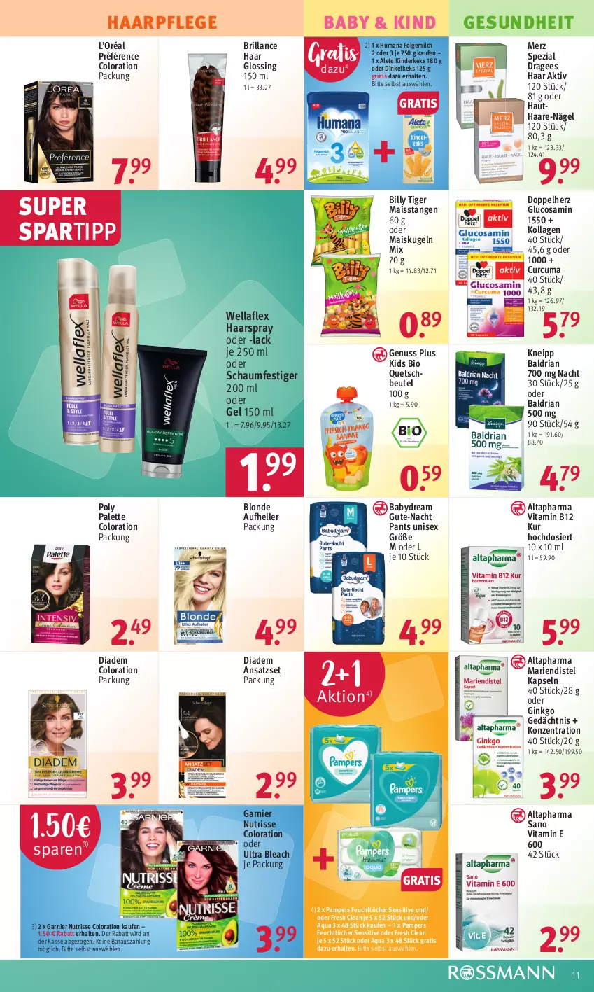 Aktueller Prospekt Rossmann - Prospekte - von 28.08 bis 01.09.2023 - strona 11 - produkty: Altapharma, aqua, babydream, beutel, bio, brillance, diadem, doppelherz, elle, feuchttücher, folgemilch, garnier, Gesundheit, gin, Glucosamin, haarpflege, haarspray, keks, Kinder, kneipp, Kollagen, Kugel, lack, LG, mais, Merz Spezial, milch, nuss, Nutrisse, oder schaumfestiger, Palette, pampers, Pants, quetschbeutel, Ria, schaumfestiger, spartipp, Spezi, Ti, tücher, vita, Vitamin B, Wella, wellaflex