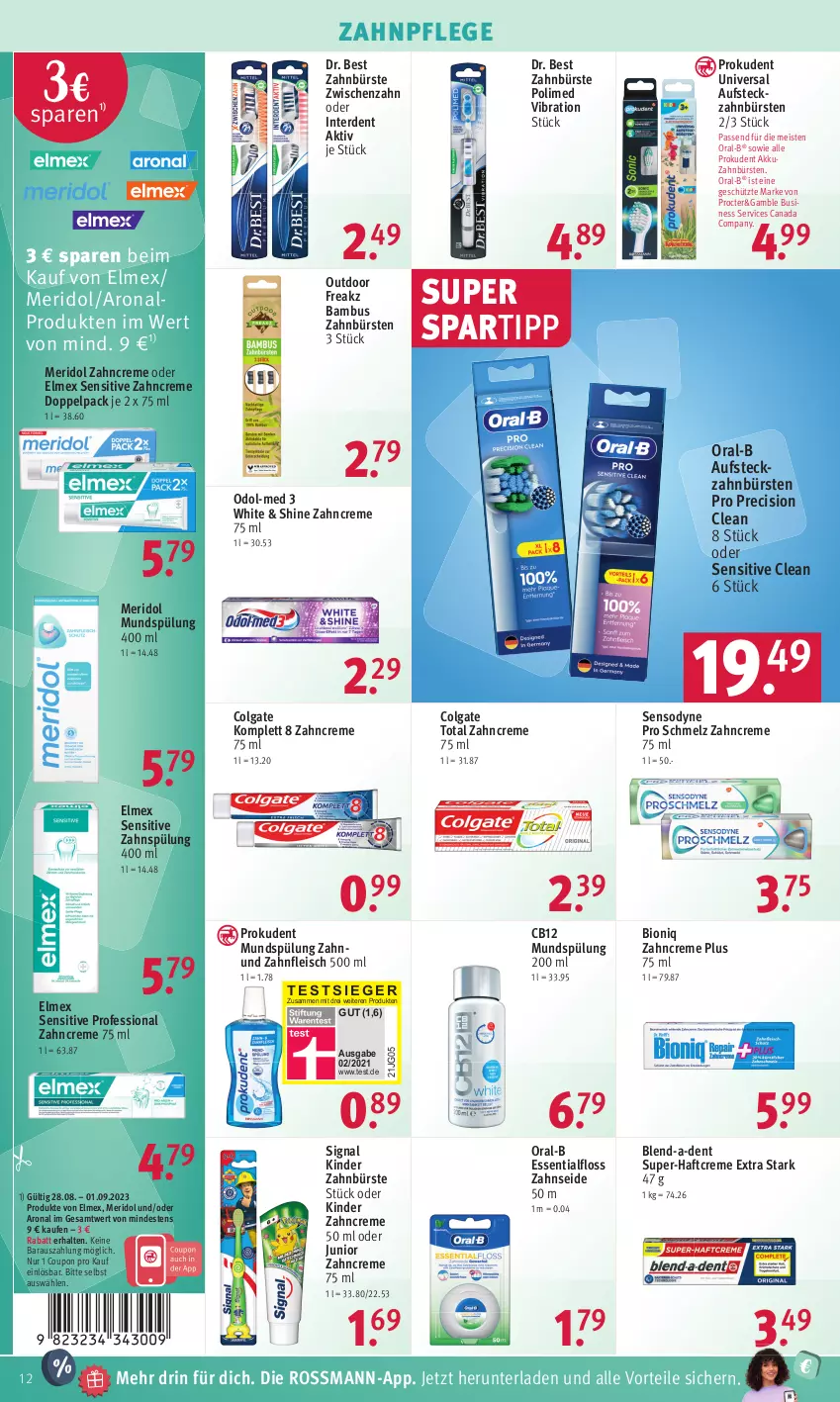 Aktueller Prospekt Rossmann - Prospekte - von 28.08 bis 01.09.2023 - strona 12 - produkty: akku, alpro, bambus, bio, bürste, bürsten, colgate, colgate total, coupon, creme, Dr. Best, eis, elmex, erde, Essentialfloss, fleisch, Haftcreme, Kinder, LG, meridol, mundspülung, Odol, Odol-med 3, oral-b, precision clean, Prokudent, sensodyne, Signal, spartipp, spülung, spülung 200 ml, Ti, zahnbürste, zahnbürsten, zahncreme, Zahnseide, ZTE