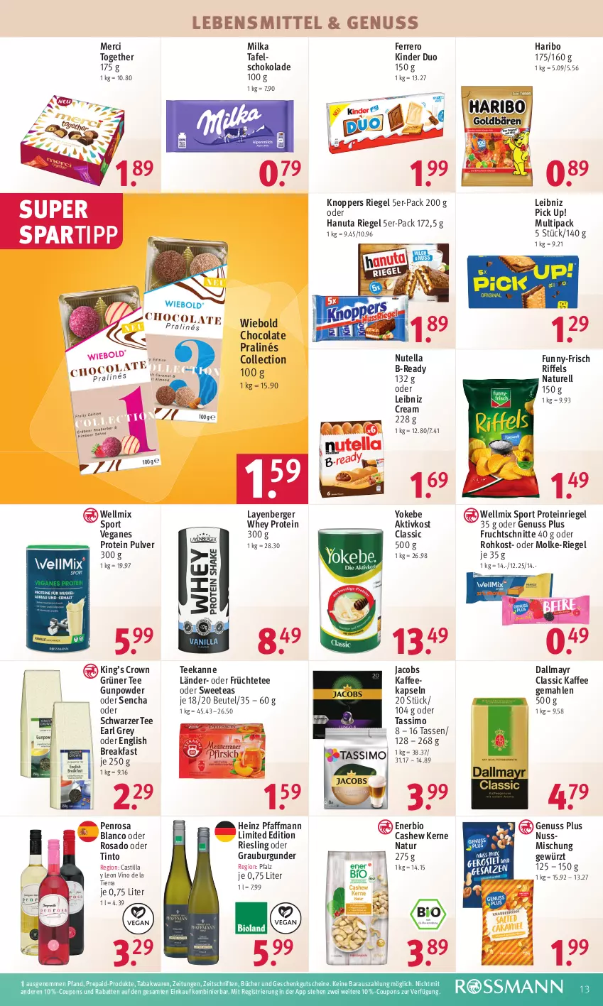 Aktueller Prospekt Rossmann - Prospekte - von 28.08 bis 01.09.2023 - strona 13 - produkty: asti, Berger, beutel, bio, burgunder, Cashew, cola, coupon, coupons, dallmayr, ferrero, frucht, früchte, Früchtetee, Fruchtschnitte, funny-frisch, gewürz, grauburgunder, grüner tee, gutschein, gutscheine, hanuta, haribo, heinz, jacobs, kaffee, kaffeekapseln, Kinder, knoppers, lebensmittel, leibniz, merci, milka, natur, nuss, nutella, Pick Up!, rel, riegel, riesling, schoko, schokolade, schwarzer tee, sim, spartipp, Sport, tafelschokolade, tasse, tassimo, tee, teekanne, Ti, Yo, Yokebe