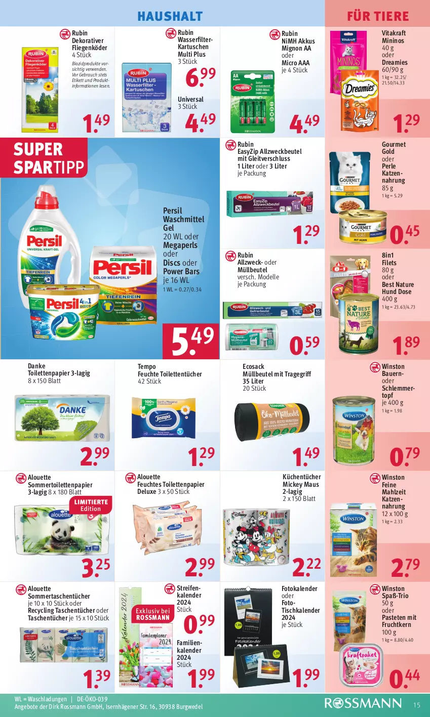 Aktueller Prospekt Rossmann - Prospekte - von 28.08 bis 01.09.2023 - strona 15 - produkty: akku, Allzweckbeutel, alouette, angebot, angebote, auer, Bau, Bauer, beutel, bio, biozidprodukte, Clin, dell, dreamies, elle, feuchtes toilettenpapier, filet, filets, filterkartuschen, Fotokalender, frucht, gourmet gold, katzennahrung, kraft, küche, Küchen, küchentücher, Liege, Maus, megaperls, mit frucht, Mode, müllbeutel, natur, papier, pastete, persil, persil waschmittel, Rauch, reifen, Rubin, rwe, sac, spartipp, Tasche, taschen, taschentücher, Tempo, Ti, Tiere, tisch, toilettenpapier, toilettentücher, topf, tragegriff, tücher, vita, vitakraft, waschmittel, wasser, wasserfilter, weck, wedel