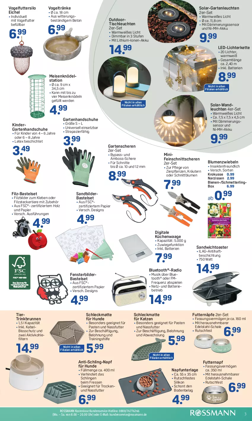 Aktueller Prospekt Rossmann - Prospekte - von 28.08 bis 01.09.2023 - strona 3 - produkty: akku, batterie, batterien, blume, blumen, boss, brunnen, edelstahl, eis, erde, fenster, Garten, Gartenschere, gefu, handschuhe, Holz, ilag, Kette, Kinder, Knödel, kräuter, kräutern, küche, Küchen, Küchenwaage, led-licht, Leuchte, leuchten, lichterkette, Meisenknödel, Mett, Narzissen, nassfutter, papier, pflanze, pflanzen, Radio, sandwich, Schal, Schale, Schere, Schmetterling, schuhe, sekt, Spiele, Ti, Tiere, tisch, tischleuchte, toast, toaster, uhr, Vogelfutter, Waage, zwiebel, zwiebeln