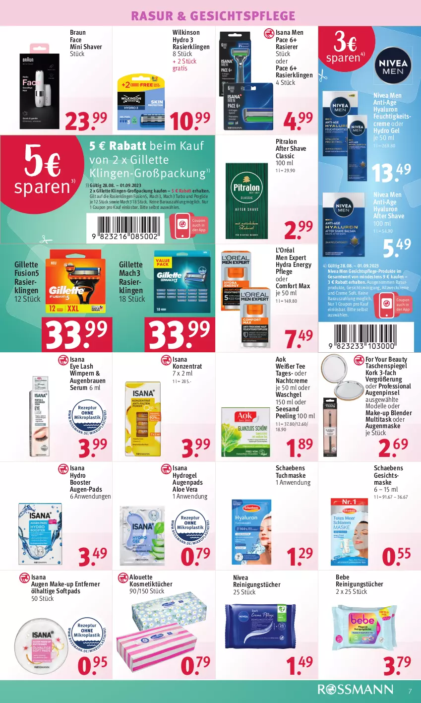 Aktueller Prospekt Rossmann - Prospekte - von 28.08 bis 01.09.2023 - strona 7 - produkty: after shave, aloe vera, alouette, Augenmaske, Bebe, Blender, braun, coupon, creme, dell, elle, feuchtigkeitscreme, For Your Beauty, fusion5, Gesichtsmaske, gesichtspflege, gillette, hyaluron, isana, kosmetik, Kosmetiktücher, mac, mach3, Make-up, Maske, Mode, nachtcreme, nivea, Nivea Men, Peeling, Pinsel, rasierer, Rasierklinge, rasierklingen, Reinigung, reinigungstücher, rum, sana, Schaebens, Serum, Shaver, spiegel, Tasche, taschen, tee, Ti, tuc, tücher, tuchmaske, waschgel, weck, wilkinson, Yo