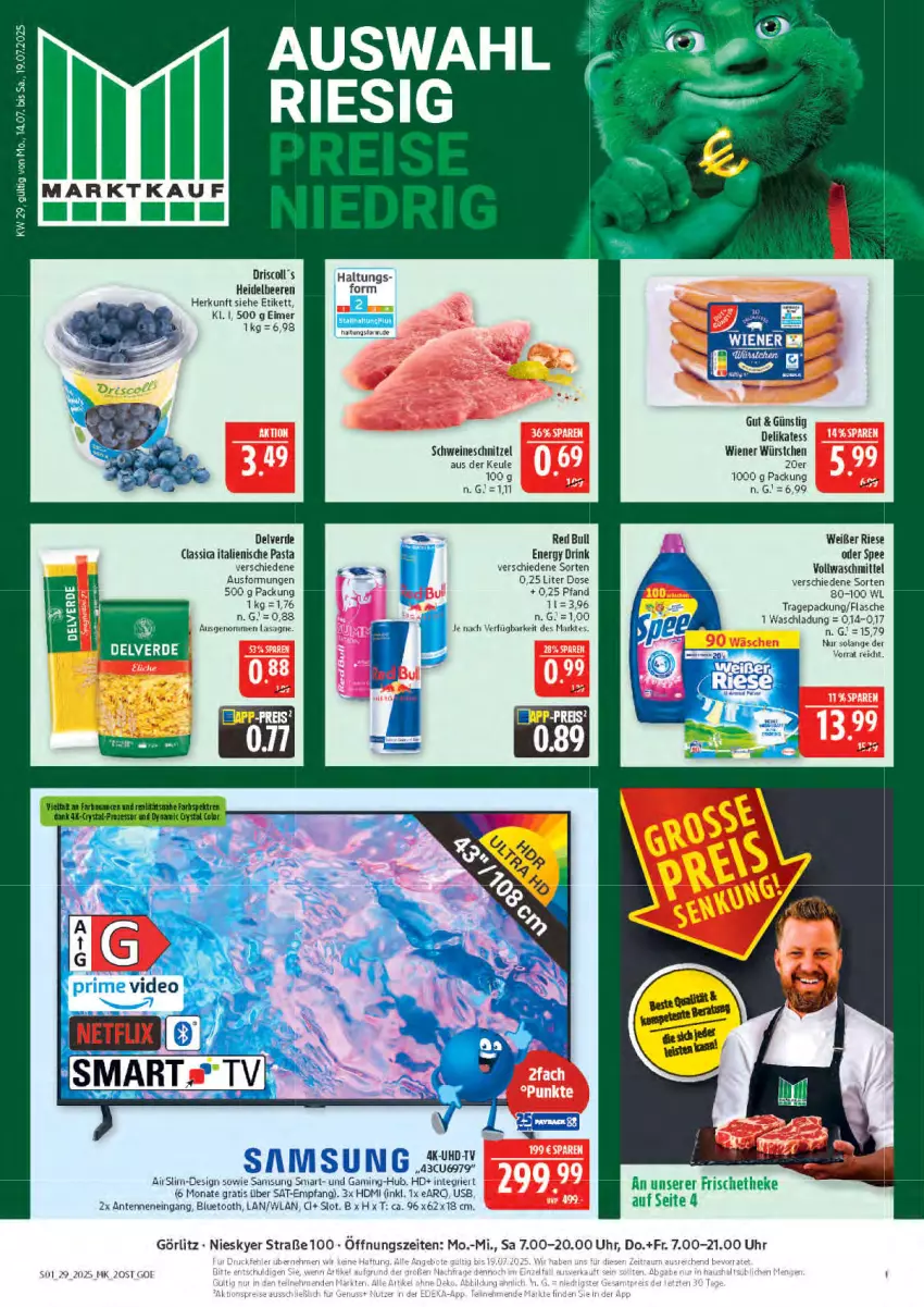 Aktueller Prospekt Marktkauf - Prospekt - von 13.07 bis 19.07.2025 - strona 1 - produkty: beere, beeren, drink, eimer, energy drink, erde, flasche, HDMI, heidelbeere, heidelbeeren, italienische pasta, lasagne, pasta, red bull, Samsung, schnitzel, schwein, schweine, schweineschnitzel, spee, Ti, uhr, usb, vollwaschmittel, waschmittel, wein, weine, wiener, wiener würstchen, würstchen