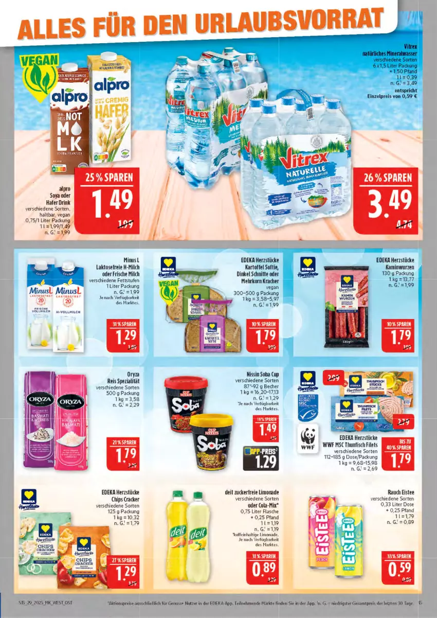 Aktueller Prospekt Marktkauf - Prospekt - von 13.07 bis 19.07.2025 - strona 15 - produkty: Becher, chips, cola, cracker, deka, drink, eis, eistee, erde, filet, filets, fisch, flasche, frische milch, hafer, Kamin, Kaminwurz, kartoffel, korn, kracher, limo, limonade, milch, Nissin, nuss, oryza, Rauch, reis, soya, Spezi, tee, thunfisch, thunfisch filets, Ti, vollmilch, ZTE, zucker