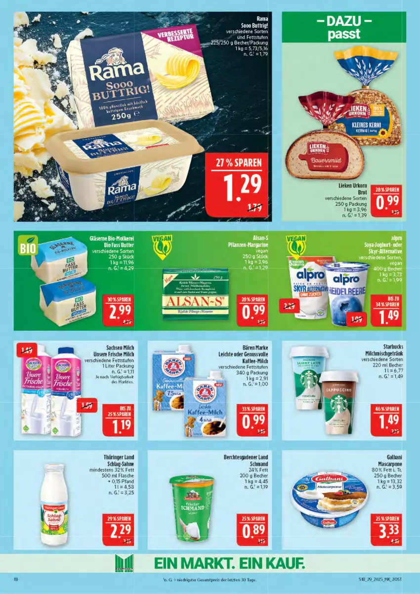 Aktueller Prospekt Marktkauf - Prospekt - von 13.07 bis 19.07.2025 - strona 18 - produkty: Becher, bio, brot, eis, flasche, frische milch, galbani, getränk, Gläser, kaffee, korn, lieken, mascarpone, milch, nuss, reis, ring, sac, sahne, schmand, starbucks, Ti, urkorn, ZTE