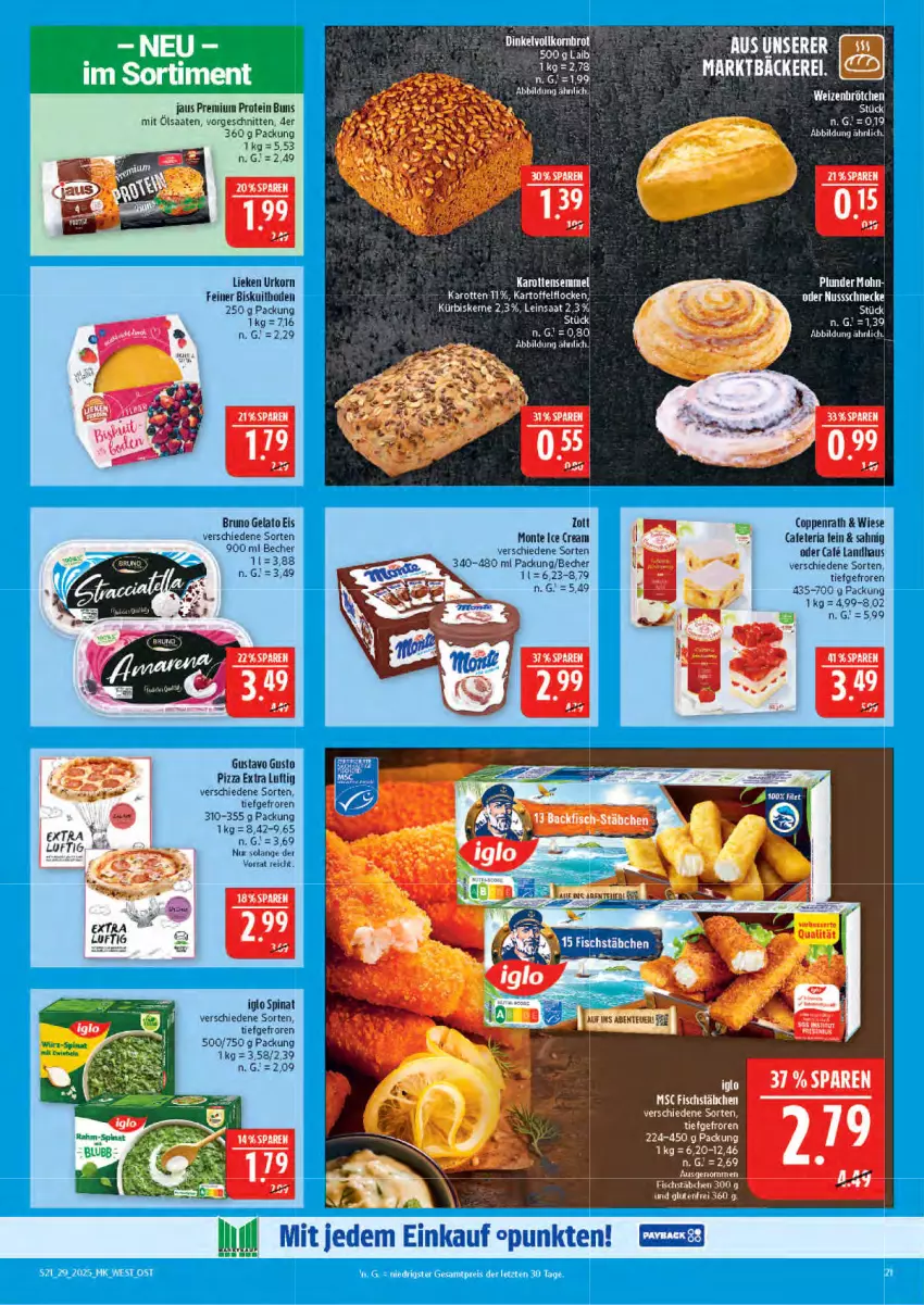 Aktueller Prospekt Marktkauf - Prospekt - von 13.07 bis 19.07.2025 - strona 21 - produkty: Becher, bruno gelato, eis, ente, fisch, fischstäbchen, karotten, kartoffel, korn, lieken, monte, pizza, Ria, schnitten, Semmel, spinat, Ti, urkorn, zott