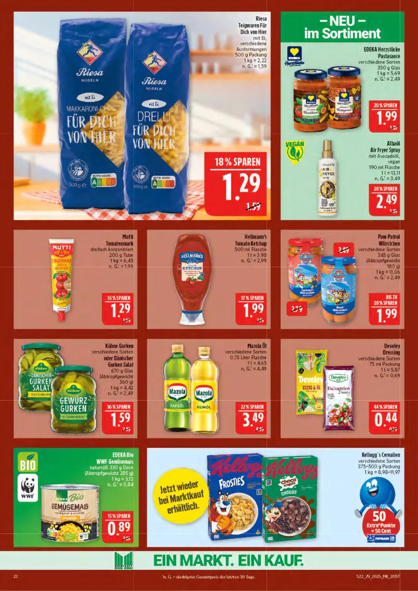Aktueller Prospekt Marktkauf - Prospekt - von 13.07 bis 19.07.2025 - strona 22 - produkty: avocado, cerealien, deka, develey, dressing, flasche, gurke, gurken, keimöl, kellogg's, ketchup, Kühne, mais, mazola, Mutti, nudel, nudeln, pasta, Paw Patrol, riesa, salat, sauce, teigwaren, Ti, tomate, tomaten, tomatenmark, würstchen