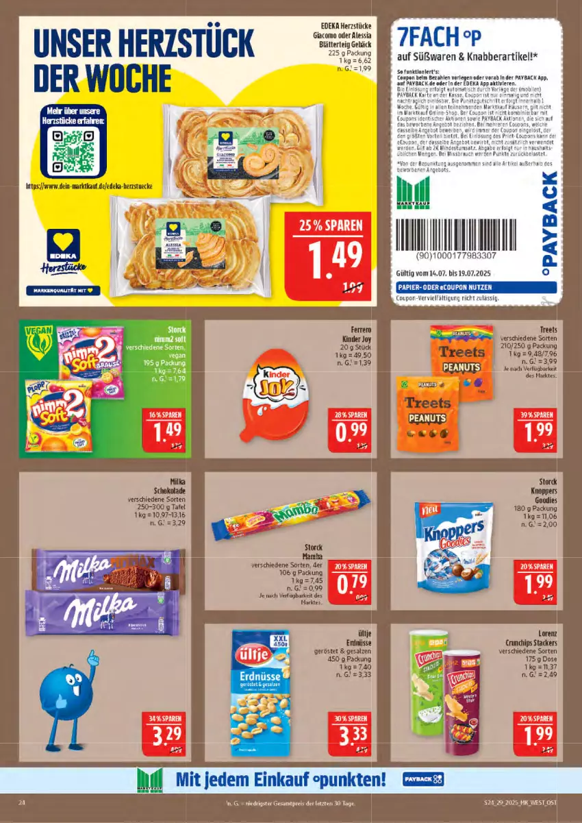 Aktueller Prospekt Marktkauf - Prospekt - von 13.07 bis 19.07.2025 - strona 24 - produkty: angebot, auto, blätterteig, chips, coupon, coupons, crunchips, deka, eis, erde, ferrero, HP, Kinder, knoppers, LG, lorenz, lorenz crunchips, milka, milka schokolade, papier, payback, Rauch, reis, rwe, salz, schoko, schokolade, storck, Ti, tisch, Yo, ZTE