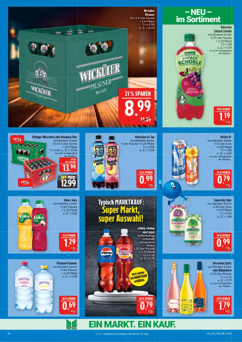 Aktueller Prospekt Marktkauf - Prospekt - von 13.07 bis 19.07.2025 - strona 26 - produkty: alkohol, auer, bier, cider, eis, erdinger, flasche, ice tea, limo, limonade, pepsi, pils, pilsener, sac, schorle, Ti, valensina, veltins, vescovino, volvic, vöslauer