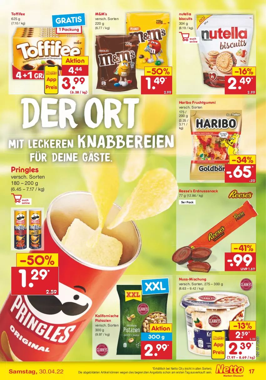 Aktueller Prospekt Netto Marken-Discount - Filial-Angebote - von 25.04 bis 30.04.2022 - strona 17 - produkty: angebot, erdnuss, frucht, fruchtgummi, haribo, nuss, nutella, pistazien, pringles, ring, snack, Ti, toffifee, ZTE