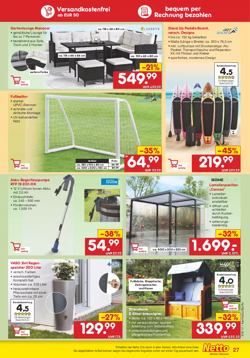 Aktueller Prospekt Netto Marken-Discount - Filial-Angebote - von 25.04 bis 30.04.2022 - strona 27 - produkty: akku, Akku-Regenfasspumpe, angebot, ball, Bau, braun, Brei, eis, elle, Fußball, Garten, Gartenlounge, hocker, Holz, kissen, klapptisch, kleber, korb, Mode, ndk, pavillon, reis, Schal, Schale, Sofa, Sport, sporttasche, strandkorb, Tasche, Ti, tisch, versandkostenfrei, ZTE