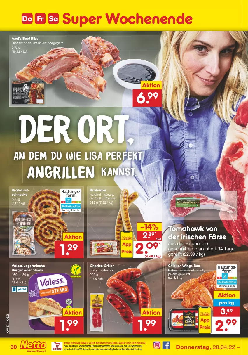 Aktueller Prospekt Netto Marken-Discount - Filial-Angebote - von 25.04 bis 30.04.2022 - strona 30 - produkty: axe, beef, bratmaxe, bratwurst, burger, chicken wings, chorizo, eis, gewürz, grill, ndk, pfanne, reis, rind, rinder, Rinderrippen, Rippen, schnitten, steak, steaks, Ti, Vegeta, versandkostenfrei, wurst