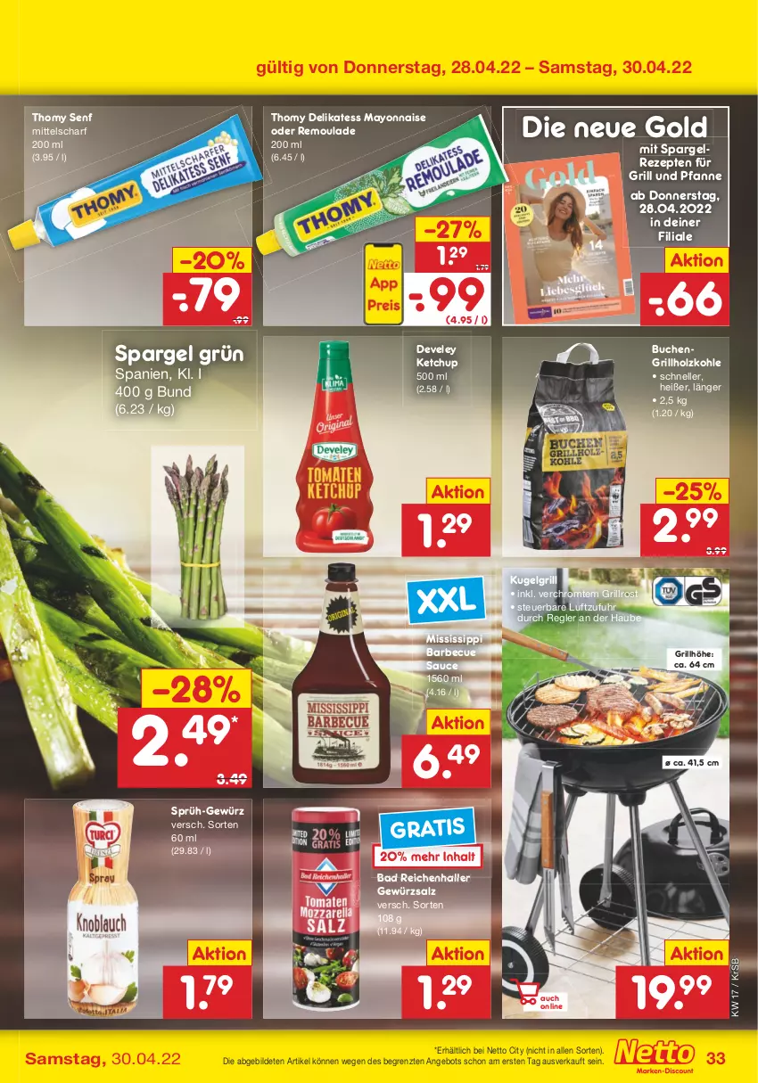 Aktueller Prospekt Netto Marken-Discount - Filial-Angebote - von 25.04 bis 30.04.2022 - strona 33 - produkty: angebot, Bad, barbecue, buch, develey, elle, für grill und pfanne, gewürz, gewürzsalz, grill, grill und pfanne, grillholzkohle, grillrost, Holz, holzkohle, ketchup, Kugel, kugelgrill, LG, magazin, mayonnaise, pfanne, remoulade, rezept, rezepte, salz, sauce, senf, spargel, spargel grün, thomy, Ti, uhr, und pfanne, Yo, ZTE