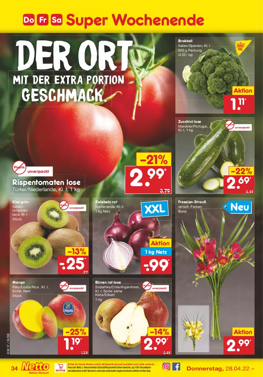 Aktueller Prospekt Netto Marken-Discount - Filial-Angebote - von 25.04 bis 30.04.2022 - strona 34 - produkty: asti, Birnen, brokkoli, eis, kiwi, mac, mango, ndk, reis, rispentomaten, Ti, tomate, tomaten, versandkostenfrei, zucchini, zwiebel, zwiebeln