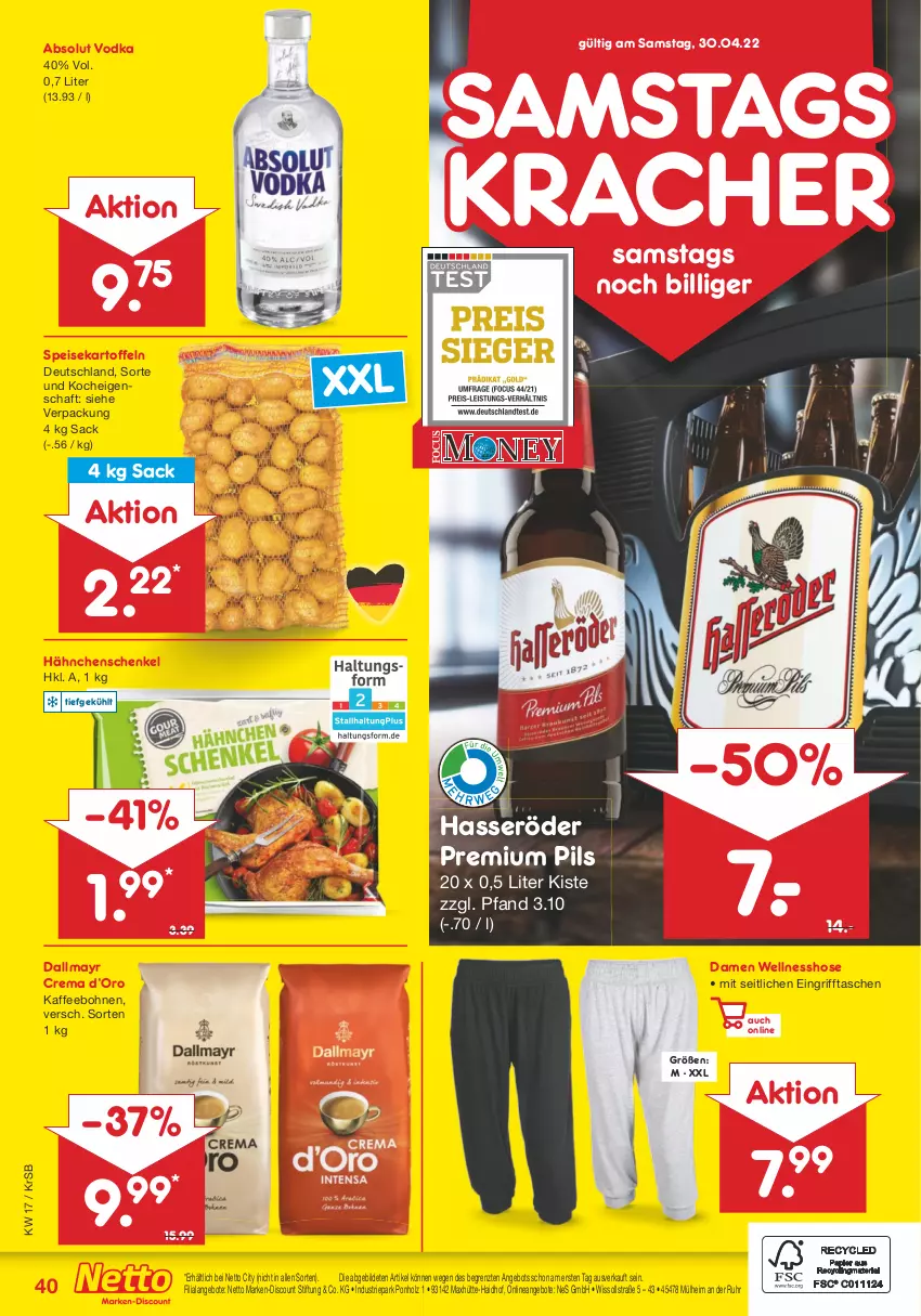 Aktueller Prospekt Netto Marken-Discount - Filial-Angebote - von 25.04 bis 30.04.2022 - strona 40 - produkty: Absolut Vodka, angebot, angebote, bohne, bohnen, dallmayr, discount, eis, hähnchenschenkel, hasseröder, henkel, Holz, hose, kaffee, kaffeebohnen, kartoffel, kartoffeln, kracher, marken-discount, pils, premium pils, sac, schenkel, speisekartoffeln, Tasche, taschen, Ti, uhr, vodka, ZTE