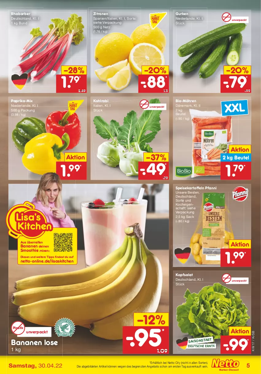 Aktueller Prospekt Netto Marken-Discount - Filial-Angebote - von 25.04 bis 30.04.2022 - strona 5 - produkty: angebot, asti, banane, bananen, beutel, bio, eis, gurke, gurken, kartoffel, kartoffeln, kohlrabi, kopfsalat, möhren, paprika, pfanni, reifen, rhabarber, sac, salat, smoothie, speisekartoffeln, Ti, zitrone, zitronen, ZTE