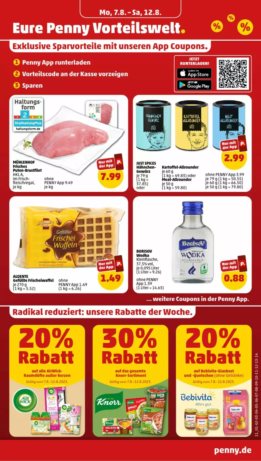 Aktueller Prospekt Penny - Prospekte - von 07.08 bis 12.08.2023 - strona 11 - produkty: Bebe, bree, brustfilet, coupon, coupons, eis, ente, filet, flasche, fleisch, gewürz, kartoffel, pute, regal, Wild, wodka